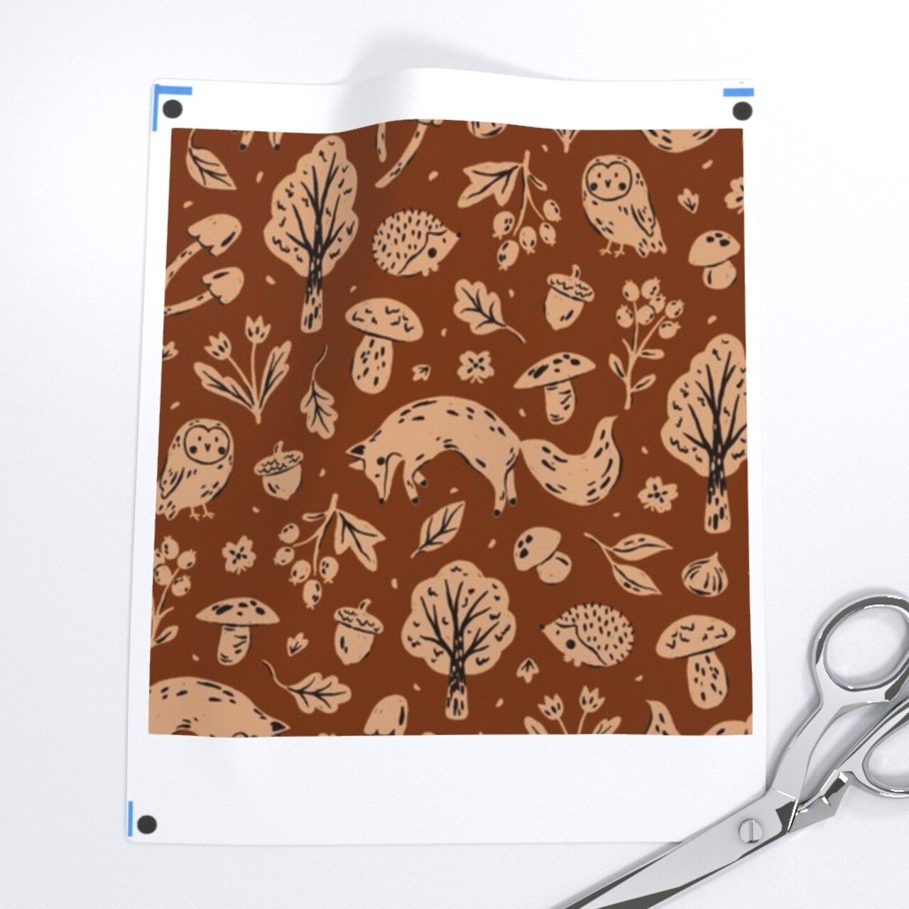 Leaves Hedgehogs Forest Woodland Owls Animals Autumn Fall Fox Botanical Acorns Burnt Orange Block Print Custom Printed Fabric by Spoonflower Various Fabrics by the Yard or Fat Quarter